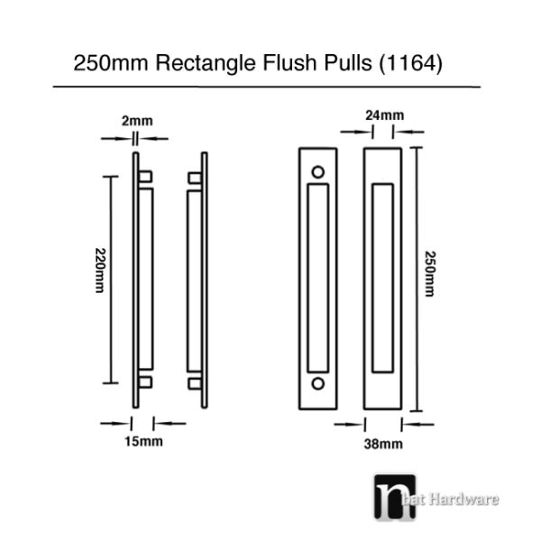 250 x 38mm Rectangle Sliding Flush Pulls (Pair) - Brushed Brass Finish - Image 2