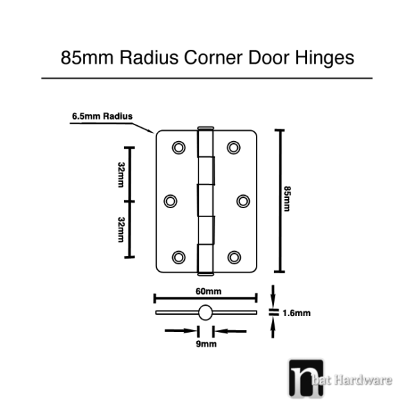 Matt Black Radius Corner Door Hinges (1 pair) - 85 x 60 x 1.6mm - Image 2