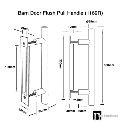 Barn Door Flush Pull with a Round Pull Handle - Brass Finish